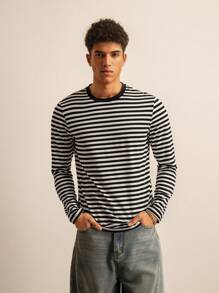 SWAVVY Herren langärmliges Shirt mit Blockstreifen Muster im urbanen Stil, japanischer Stil, Freundesgeschenk, Sommer, Schule