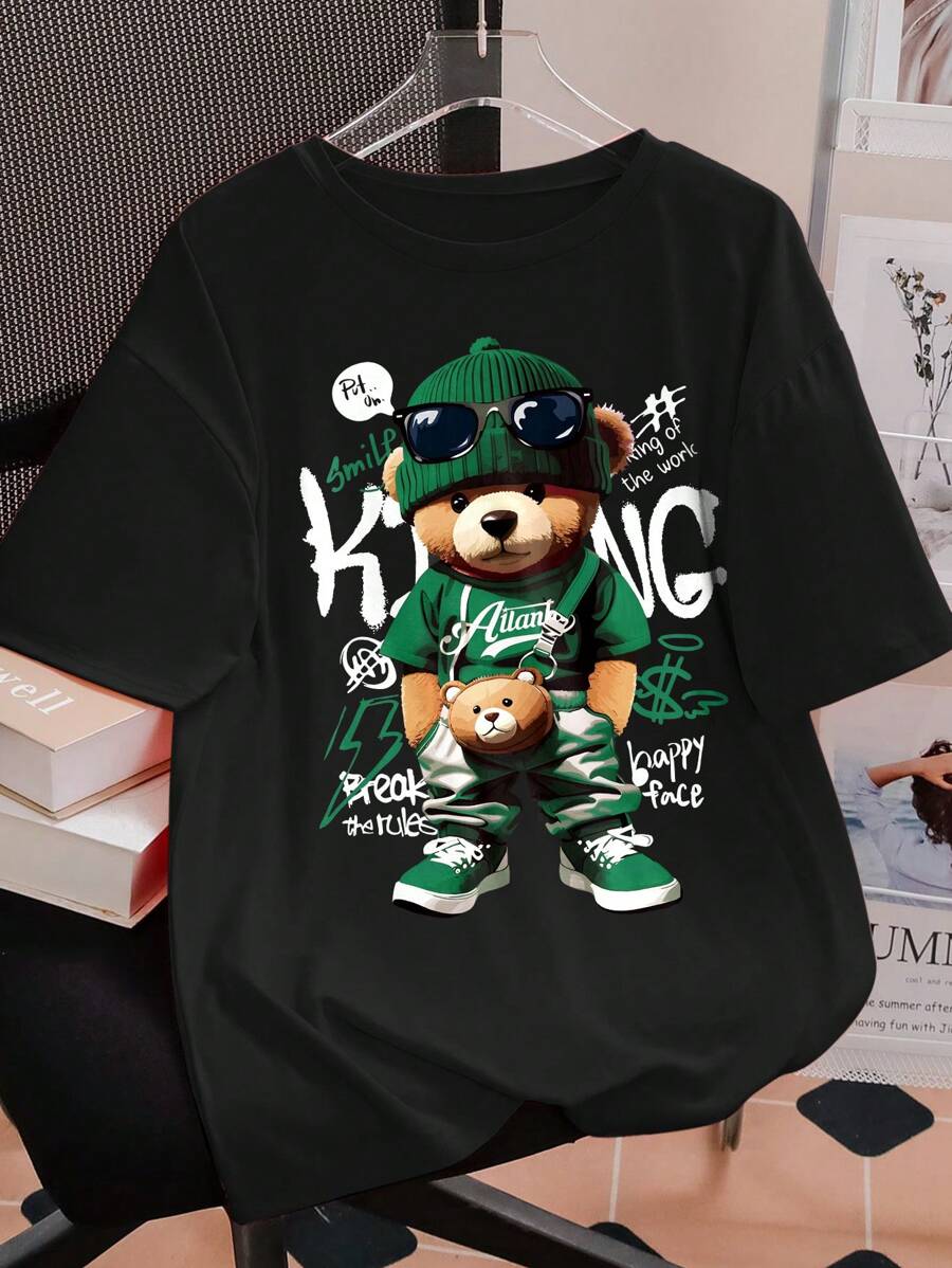 Nueva camiseta con estampado de oso de dibujos animados, top casual suelto de moda con cuello redondo, apto para uso diario en primavera y verano - Negro - Ver 1