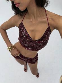 Aloruh Women's YTK Halter Neck Sequin Top And Low Waist Mini Short Two Pieces Outfits,Burgundy Summer Club Night Rave Festival Co Ord Set Clubwear - Burgundy - View 5