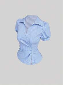 Sweetra 法式夏季新款优雅海军蓝 Polo 领条纹 V 领短袖修身女式衬衫 - 藍色 - 查看 2