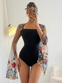 Gloray French Style Elegant Knit Mesh Embroidered Square Collar Bodysuit For Women, New Summer Collection, Black Fall Cloth For Women - Black - View 6