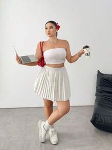 POPSWAY High Waist Pleated Tennis Skirt For Women, Fitness Accordion Pleat Mini Skirt - White - View 3