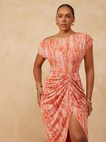 L'Amorae Plus Elegant Vacation One Shoulder Pleated Slit Maxi Dress - Multicolor - View 5