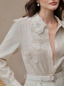Anewsta Women's Collar Long Sleeve Shirt With 3D Pearl Embroidery Elegant Transparent Modest Fashion, Spring For Women - Apricot - View 4