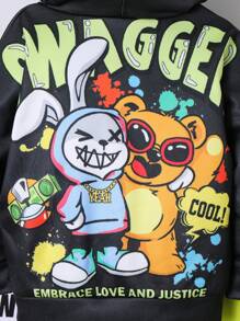 2 pièces Pulls à capuche essentiels adolescents décontractés, confortables, mode simple et pratique. Motif de graffiti de dessin animé doux et épais, idéal pour l'automne et l'hiver. Ensemble de t-shirt à capuche noir et pantalon de jogging pour jeunes garçons, adapté à l'école, aux voyages et aux sports.