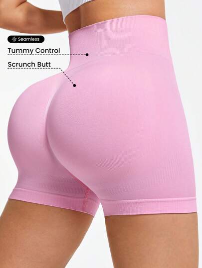 Easithlete Pantalones cortos deportivos sin costuras de cintura alta de unicolor y estilo minimalista para mujeres - Pantalones cortos de sudor, pantalones cortos de gimnasio, pantalones cortos tipo ciclista