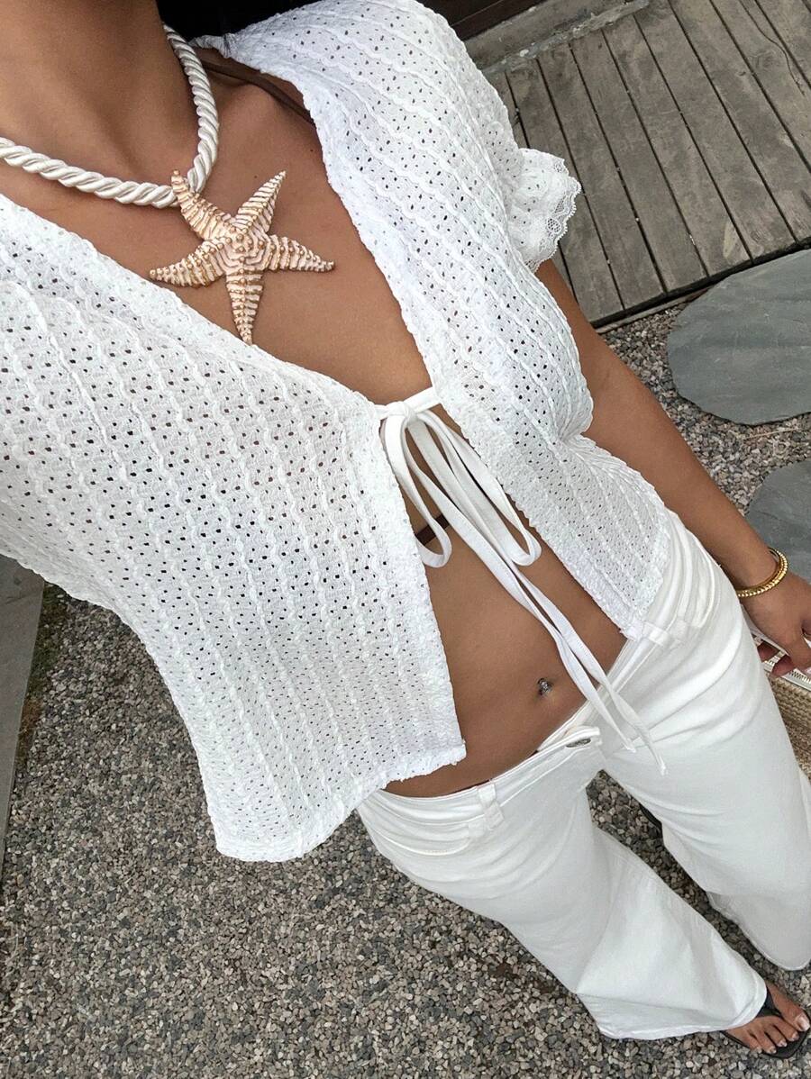 Sunnyshic Summer Casual Solid Color Textured Short Sleeve Tie Front T-Shirt - White - View 1