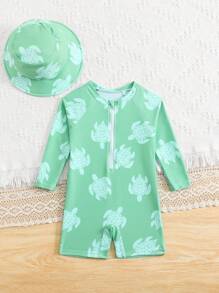 男婴鲸鱼印花长袖泳衣和防护宽边泳帽 - 彩色 - 查看 5