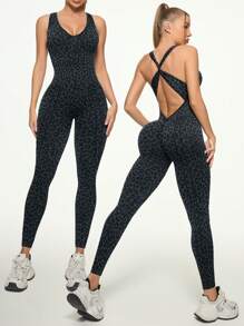SHEIN Sport Studio 1pc Women's Leopard Print 7/8 Yoga Exercise Jumpsuit