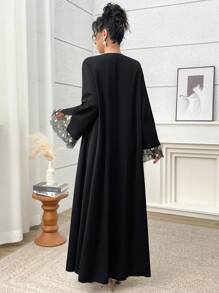 Yasmyna Women's Daisy Mesh Panel Flare Sleeve Arabic Style Abaya, Modest Robe - Black - View 2