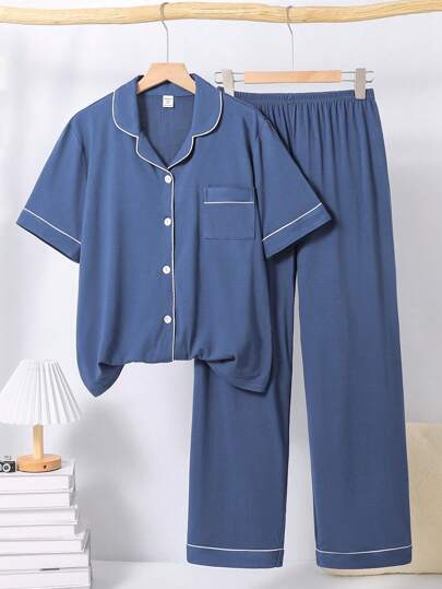 2pcs/Set Classic Revere Collar Short Sleeve Shirt And Pants Pajama Set, Simple & Minimalist Sleepwear For Teenage Boys