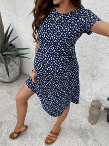 SHEIN 孕妇碎花圆领短袖休闲度假哺乳连衣裙