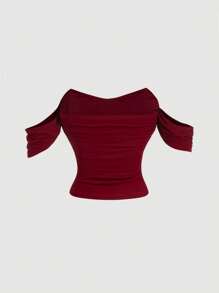 SHEIN MOD Blusa roja de hombros descubiertos con pliegues para mujer de la marca Aincora - Burdeos - Ver 2