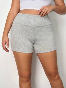 SHEIN Tall CURVE Women's Plus Size Casual Knitted Fabric Grey Asymmetrical Foldover Waistband Short Shorts - Grey - View 4