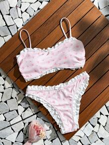 Swim Mod Bộ bikini viền ren trắng họa tiết hoa nhí ngọt ngào ngẫu nhiên dành cho nữ, phong cách nghỉ dưỡng bãi biển, mùa hè - Hồng - Xem 3