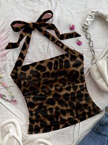 Soleia Plus Size Minimalist Leopard Print Camisole And Tank Top Set, Suitable For Summer Vacation Suitable For Going Out