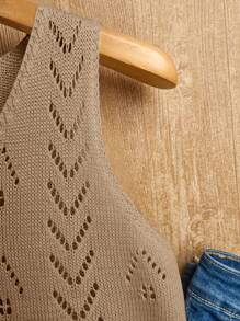 EMERY ROSE Women's Solid Color Hollow V-Neck Sleeveless Casual Knit Top - Khaki - View 5