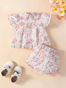 Baby Mädchen, süß, frisch, süß, bunte retro Palastmuster bedruckte Puppenbluse mit Rüschenärmeln, Top und Spitzen-Dreieckshose, geeignet für tägliche Reisen, Zuhause, Innenbereich, Einkaufen und Picknick - Pink - Übersicht 2