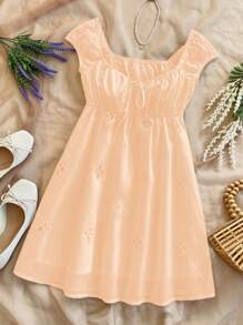 SHEIN Unity Square Neck Ruched Front Tie Floral Embroidered Hollow Out Holiday Mini Dress - Orange - View 4