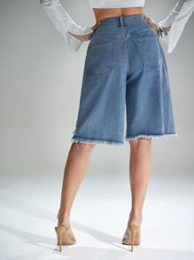 Denimoi Quần Jeans Jeans Denim Rách Viền Ren Cạp Bất Đối Xứng - Rửa nhẹ - Xem 4