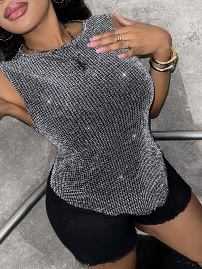 Dripcurv 大码女式灰色紧身无袖上衣、夏季上衣、母亲节上衣、美国独立日上衣、毕业典礼上衣、早午餐/海滩