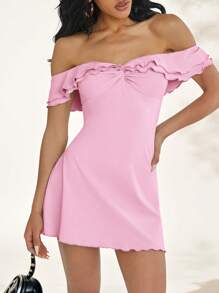 Easelle Women Classic Solid Color Ruffle Off Shoulder Slim Fit Dress - Baby Pink - View 1