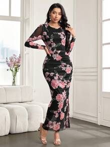 Modelyn 玫瑰花朵网眼印花优雅长袖连衣裙