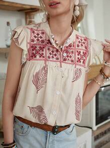 LanaWest Women's Summer Western Casual Embroidered Sleeveless Blouse - Apricot - View 3