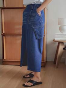 DAZY Women's Summer Casual High Slit Distressed Washed Denim Skirt With Large Pockets - Medium Wash - View 5