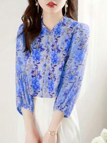 SHEIN LUNE 女式休闲荷叶边下摆七分泡泡袖衬衫 - 彩色 - 查看 3