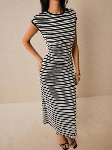 Poéselle Women's Casual Striped Round Neck Cap Sleeve Dress, Summer - Black and White - View 3