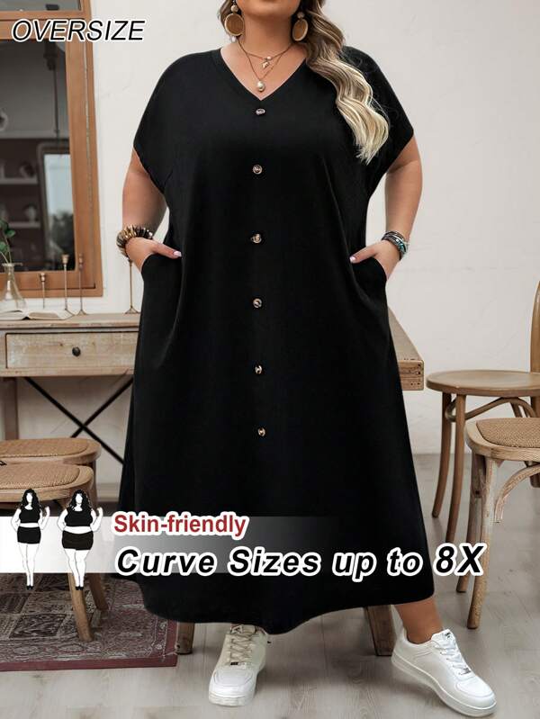 SHEIN CURVE+ Abito lungo nero con scollo a V, tasche e maniche corte, casual e comodo, adatto per la primavera e l'estate, per donne di taglia curvy. Adatto per outfit casual, da chiesa, stile old money, per insegnanti, per l'aeroporto, stile boho per vacanze al mare, abiti da spiaggia, abiti da laurea, da tea festa.