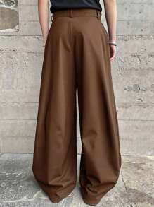 Claim Dot 男士高腰阔腿褶皱宽松休闲裤，秋季 - 咖啡棕 - 查看 2