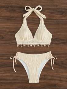 Swim Vcay 2 件套女士夏季度假海滩杏色花卉印花下摆贝壳装饰吊带上衣和 V 形三角比基尼泳装 - 杏色 - 查看 3