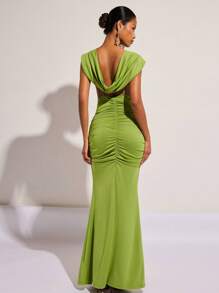 COSMINA 女士优雅褶饰连衣裙，适合春夏季派对和节日穿着 - 綠色 - 查看 2