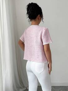 Elenzga Pink Plaid Pattern Cardigan For Women, Spring/Summer - Pink - View 2