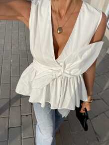 Siren Gaze Áo cánh không tay buộc eo màu trơn đơn giản cho nữ, mùa hè - trắng - Xem 8