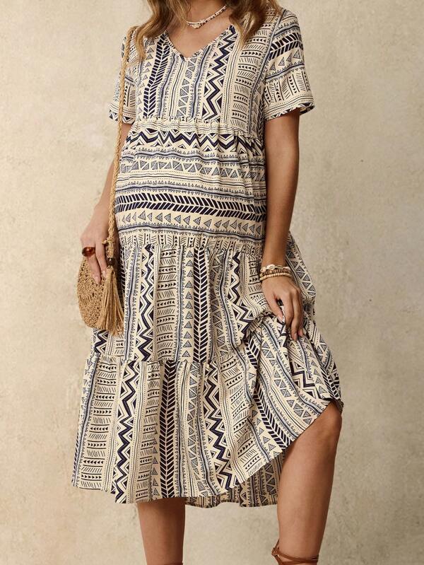 Boho Mama Maternity Allover Print Ruffle Hem Short Sleeve Dress  Boho   Ruffle  Maternity Dress