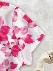 青少年女孩休闲时尚创意紫红色芙蓉花图案印花宽松上衣 - 彩色 - 查看 5