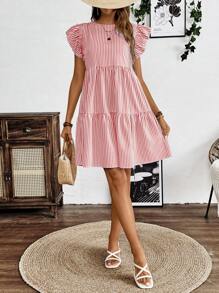 SHEIN LUNE Ladies' Summer Casual Striped Ruffle Hem Dress - Pink - View 4