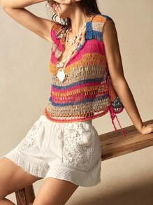 Bohemela BOHO Country Vacation Style Crochet Lace Patchwork Solid Color Woven High Waist Loose Shorts - White - View 7