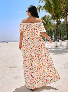 SHEIN EZwear Plus Size Allover Print Off Shoulder Short Sleeve Top And Skirt 2 Pieces Set - Multicolor - View 2