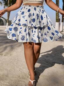 SHEIN EZwear Plus Size Women Summer Holiday Ruffled Tiered A-Line Woven Fabric Comfortable Drawstring Waist Solid Color High Waist A-Line Mini Skirt