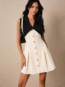 Poéselle Women's Elegant Patchwork Collar Front Button Mini Dress, Woman Easter Dress,Milkmaid Dress,Graduation Dress - Apricot - View 1