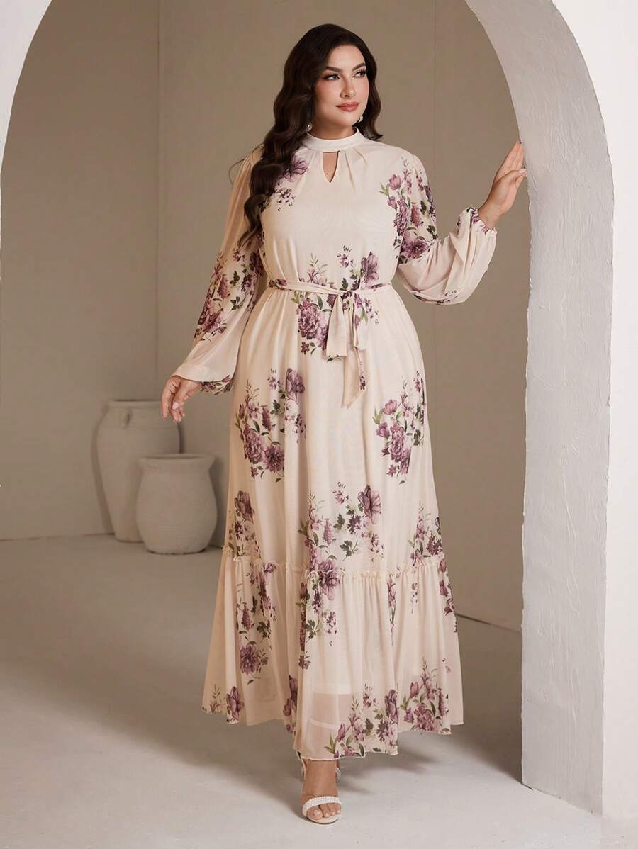 Veilorie Plus Size Elegant Floral Print Keyhole Neckline Lantern Sleeve Ruffle Hem Dress