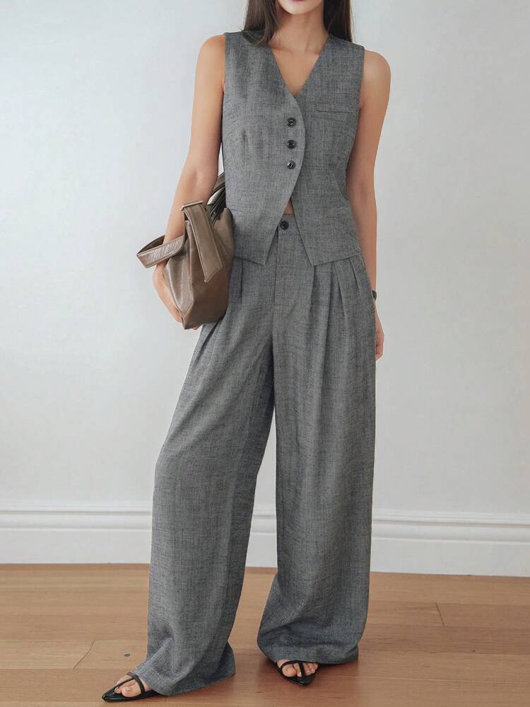 Women's 2Pcs Summer Business Casual Linen Fitted Vest And Straight Leg Pants Suit Sets Work Women Clothes