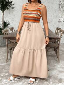 SHEIN LUNE Plus Size Women Strappy Jacquard Contrast Dress Summer Called Happy Mother Day Mother Day Dress Mummy And Me Brunch Outfits For Women Pride Day Midsummer Day Outfit Wedding Guest Dress Women Vacation Outfits Woman Beach Outfits For Woman Festival Cozy Fit Chillax Slouchy Casual Style Relaxed Outfit Vacation Style Holiday Outfits Boho Bohemian - Multicolor - View 5