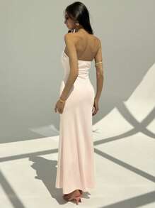 Aloruh Romantic Pink Strapless Bodycon Hollow Long Dress For Ladies, Resort & Date, Spring/Summer - Pink - View 4