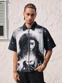 ROMWE MEN Street Life Men's Streetwear Religious Printed Denim Jacket Shirts - Black - View 6