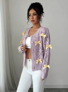 Elenzga Spring/Summer Cardigan With Hollow Bowknot Decor, Lightweight Fall Cloth For Women - Mauve Purple - View 3